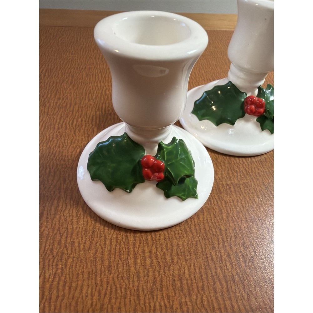 Lillian Vernon Christmas Candle Stick Holder set 2 White Ceramic w Holly Vintage - Picture 2 of 7